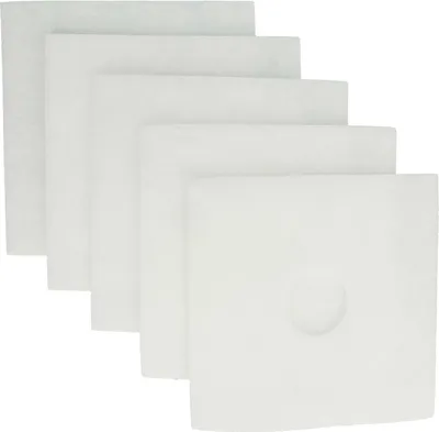 A stack of five white square filters, arranged in a staggered, offset manner.