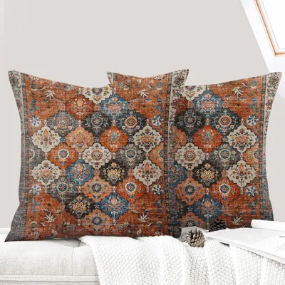 Produktbild von 2er-Set Boho-Kissenbezüge (45 x 45 cm), dekorative Kissenbezüge mit floralem Bohème-Muster, Leinen, beidseitig bedruckt, für Wohnzimmer, Sofa, Schlafzimmer – Orange