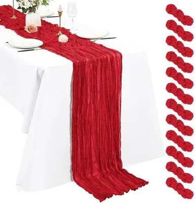 Image de Lot de 12 chemins de table rouges de style bohème, 3 m, 55 x 300 cm. Longs chemins de table rustiques et romantiques pour les mariages, les enterrements de vie de jeune fille, Thanksgiving et les décorations de Noël
