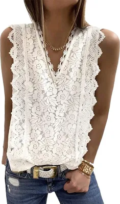 Image de ASKSA Chemisier sans manches femme Dentelle T-shirt élégant Col en V Chemise d'été Hauts Tuniques Tops , Blanc, M