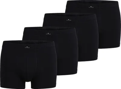 Four black boxer briefs are arranged in a diagonal line against a white background.
