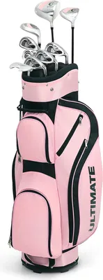 Produktbild von COSTWAY 10-dielny kompletný dámsky golfový set s driverom 460 cm3, fairway drevom, hybridom, železami 6, 7, 8, 9, PW a putterom, golfový set ružový