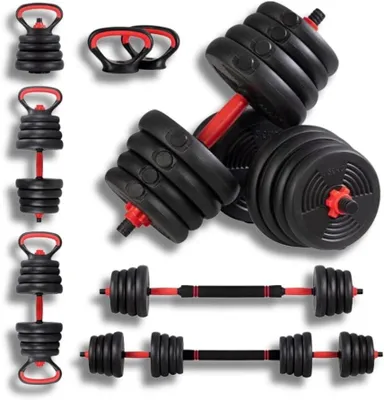 Zdjęcie produktu dla Regulowany zestaw hantli - sprzęt fitness - trening siłowy - wielofunkcyjny, 6 w 1 - do 40 kg - czarny i czerwony