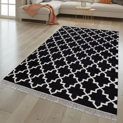 Produktbild von TT Home Wohnzimmer Teppich Orient Design Handgewebt Mit Fransen Mit Wolle Schwarz Größe 140x200 cm