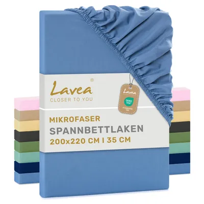 Produktbild von Lavea® Spannbettlaken 200x220 cm, Mikrofaser Spannbetttuch mit Rundumgummi, für Matratzen bis 35 cm, atmungsaktiv & kühlend, 1 Stück, Himmelblau