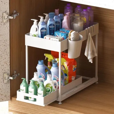 Produktbild von Küchenregal Waschbecken Regal,Küchenschrank Organizer,Spülschrankregal Organizer,Arbeitsplatte Regal mit Schiebeschublad,4 Haken und 1 Tassen,Weiß