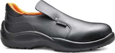 A single black safety slipper with orange lining is shown against a white background.