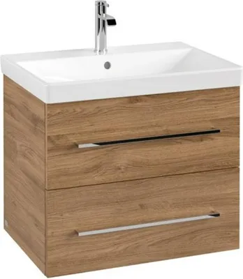 A bathroom vanity with a sink and faucet.