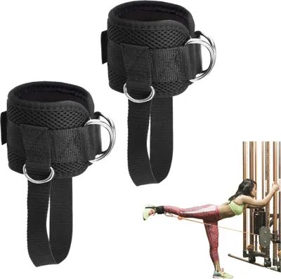 Imagen del producto de 1 par de correas para tobillos, para fijación en máquinas de cable, muñequera ajustable para gimnasio en interiores, con 4 anillas en D para ejercicios de retroceso, entrenamiento de glúteos, extensión de piernas
