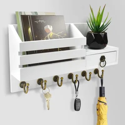 Produktbild von Schlüsselbrett Schlüsselhalter Wand Schlüsselbrett Briefhalter mit 6 Schlüsselhaken (mit Ablage hat Haken für Eingang Wohnzimmer Flur Büro), Wandhalte