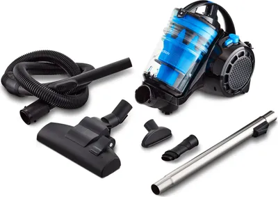 A collection of vacuum cleaner parts and the main unit are arranged on a white background.