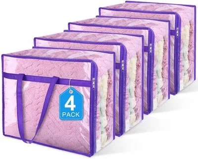Productafbeelding van Ibenzoa® 4-delige set transparante opbergzakken van 40 liter (PVC) met deksel – geschikt voor kleding en beddengoed, met draaghandgrepen, paars, ideaal voor verhuisdozen