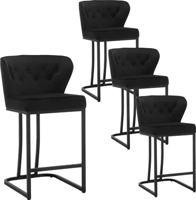 Four black bar stools are arranged in a staggered formation against a white background.