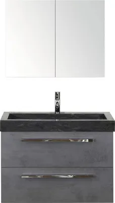 Produktbild von Sanox Badmöbel-Set Seville BxHxT 81 x 170 x 45,5 cm Frontfarbe betonanthrazit mit Waschtisch Naturstein schwarz, Waschbe