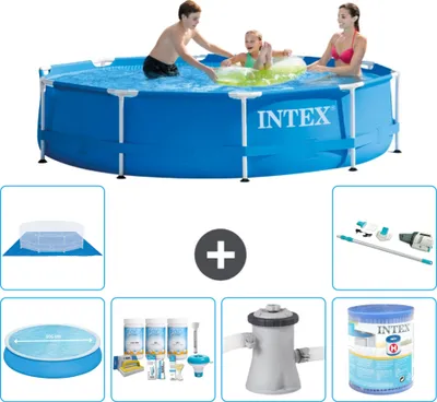 Produktbild von Intex-Schwimmbecken mit rundem Rahmen – 305 x 76 cm – Blau – im Lieferumfang enthalten Sonnensegel - Wartungspaket - Filterpumpe für Schwimmbad - Filter - Bodenplane - Staubsauger