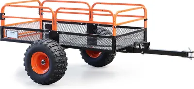 Obrázek produktu pro Sklápěcí přívěs Wiltec do 680 kg pro travní traktor, sklápěcí přívěs 216 x 122 x 76,2 cm s mříží a odnímatelnými bočnicemi, přívěs s funkcí sklápění