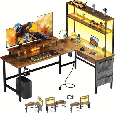 Produktbild von Reversibel, L-förmiger Schreibtisch für Gaming – Computertisch mit LED-Beleuchtung und integriertem Stromanschluss