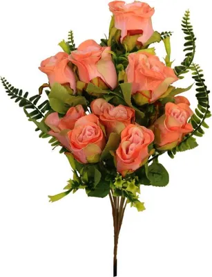 Image de Bouquet artificiel de 10 roses orange avec fougères - Décoration d'intérieur, 40 cm