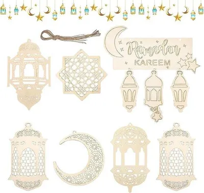 Produktbild von Houten Ornamente für islamische Wandböden, 7 Stück, Holzdeko, Ramadan Eid Mubarak