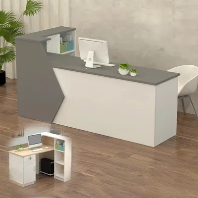 Produktbild von Empfangstheke Rezeptionstheke Verkaufstresen Holz mit Stauraum 100-300 cm Grau + Weiß 100x60x100cm