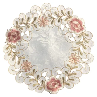 4er Set Blumenstickerei Tischsets, rund, 20 cm, rosa