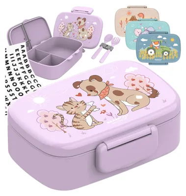 Produktbild von Brotdose Kinder mit Fächern, BPA frei, Lunchbox, Bento box, Brotbox, Brotdose Mädchen & Jungen, Snackbox mit Trennfächern, Vesperbox - Hund Katze lila