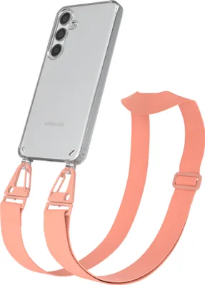 Produktbild von EAZY CASE - Hülle mit Band für Samsung Galaxy S24, Handyhülle mit Umhängeband, Silikonhülle transparent, Handykette in Orange