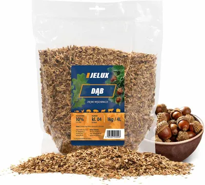 A bag of oak wood chips and a bowl of acorns are displayed against a white background.