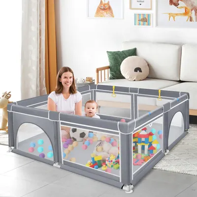 Produktbild von YZNAHRE Laufstall Baby 150x180 cm Laufgitter Bällebad mit 50 Bällen, Atmungsaktivem Netz und 4 Zugringen Baby Playpen Aktivitätszentrum Absperrgitter Schutzgitter, Dunkelgrau