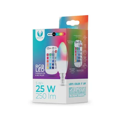 Zdjęcie produktu dla E14 LED RGB 5W z pilotem żarówka zmiana koloru 250 lumenów lampa energooszczędna klasa energetyczna A+ kształt świecy