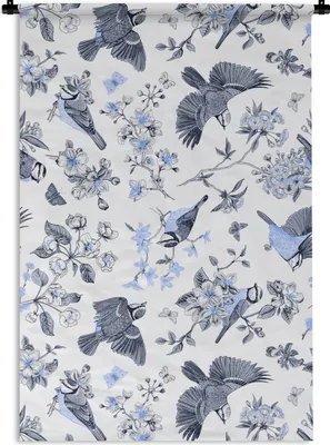 Produktbild von MuchoWow® Wandteppich Wandbehang Blumen - Vogel - Blau 60x90 cm Tapisserie Dekoration Wandtuch - Foto-Teppich - Abwaschbar