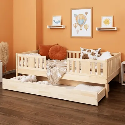 Produktbild von MEBLE WRÓBEL Kinderbett 80x160 cm - Jugendbett mit Schublade Lattenrost & Rausfallschutz - Einzelbett Kinder Bett aus Kiefer Unlackiert - Kleinkindbett für Jungen & Mädchen - Standhöhe 20 cm