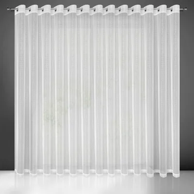 A white sheer curtain with grommets hanging from a rod.