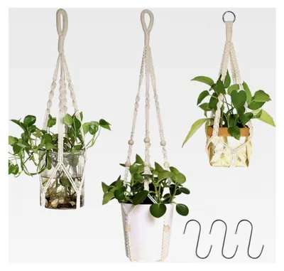 Produktbild von Makramee Blumenampel 3er Set – Katzenfreundlich ohne Quasten – Jute-Baumwolle Pflanzenhänger für Fenster und Innen, Montage ohne Bohren (inkl. 3 S-Haken), passend für Ø 10-20 cm Töpfe, Boho Creme