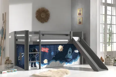 Produktbild von Vipack Halbhohes Bett PINO, mit Rutsche und Textilset "Space Shuttle", Ausf. Kiefer massiv grau lackiert