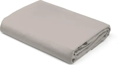 A folded beige bedsheet on a white background.