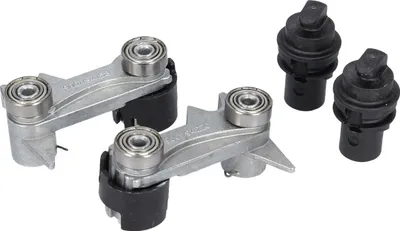 Two sets of silver metal door hinges with ball bearings and black rubber components, and three black plastic caps with square tops, are arranged on a white background.