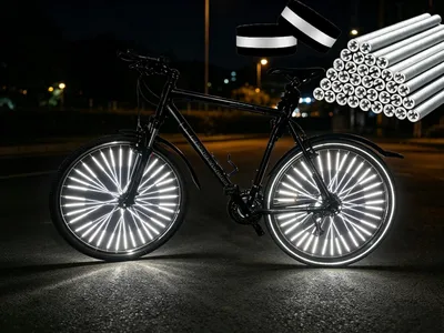 Obrázok produktu pre Sada reflexných prvkov na kolesá bicykla + 2 svorky na nohavice - Sada 70 kusov - Reflexné prvky s 360° viditeľnosťou - Jednoduchá montáž