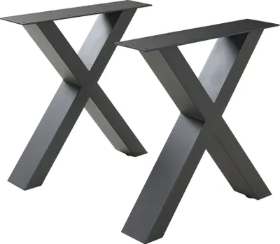 Two black metal table legs with an X-shaped design are shown against a white background.