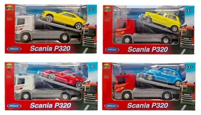 Image de Welly, camion Scania à l'échelle 1:57 + voiture à l'échelle 1:43