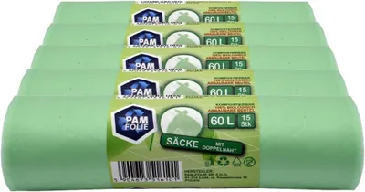 Produktbild von PAM-FOLIE Biomüllbeutel 60L - 75 Stück - Kompostierbare Müllsäcke - 5 Rollen - Biologische, reißfeste Abfallsäcke für Biotonne