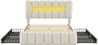 Produktbild von Merax Polsterbett 140x200cm mit LED, USB und Stereoanlage, Doppelbett mit höhenverstellbarem Kopfteil und 4 Schubladen, Samt Funktionsbett Stauraumbett