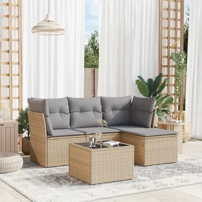 Produktbild von CLORIS 5-tlg. Garten-Sofagarnitur - mit Kissen - Beige Poly Rattan - Gartenmöbelgarnituren LL0000254999