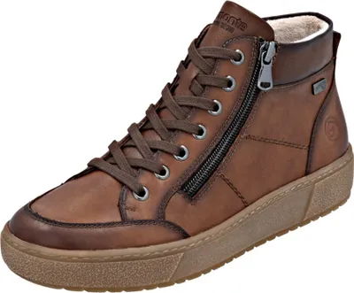 A single brown high-top sneaker with laces and a side zipper is shown against a white background.
