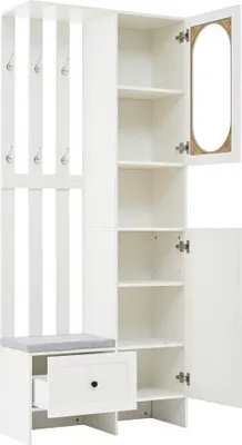 Produktbild von Kompaktgarderobe 85x33,5x200cm Weiss Mit 2 Schraenken Garderobenstaender Schuhbank Polster Aufbewahrungsschrank Gehaertetes Glas Fuer Eingang