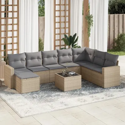 Produktbild von 9-tlg. Garten-Sofagarnitur mit Kissen Beige Poly Rattan, Gartenstühle 3251706