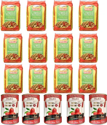 Produktbild von 12x Divella Semola Di Grano Duro Rimacinata Hartweizengries 1kg + Italian Gourmet 100% italienische geschälte Tomaten dosen 5x 400g