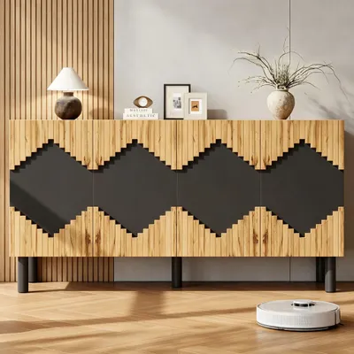 Produktbild von Merax Sideboard Kommode mit 4 Türen Push-Open, Wohnzimmerschrank mit Rautenmuster aus MDF Spanplatte, Schrank mit doppelstöckige Regalböden,Schwarz