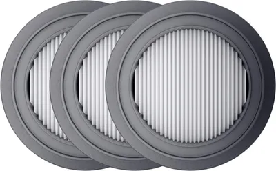 Three round filters with ribbed white interiors and gray frames are arranged in a row against a white background.