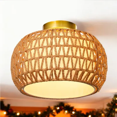 Produktbild von 31cm Deckenlampe Rattan Boho Handgeflochten Natur 3-Flammig mit Stoffschirm inkl. 3 LED Birnen Landhausstil Korblampe für Schlafzimmer Flur Wohnzimmer
